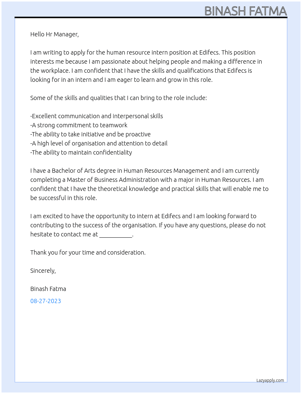 Human resource Intern At Edifecs Cover Letter