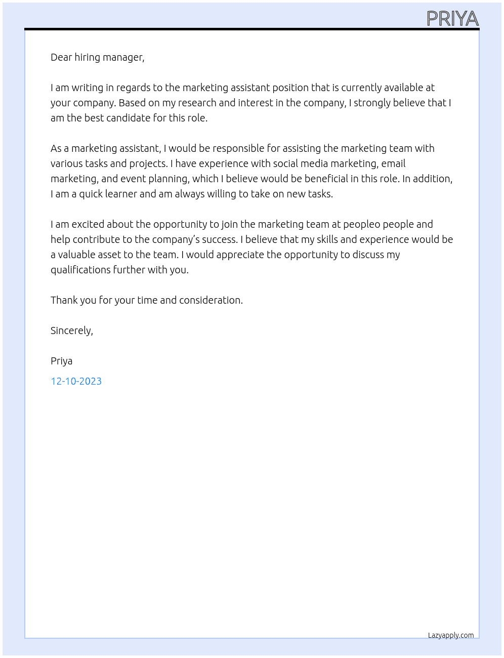 marketing assistant At peopleo people Cover Letter