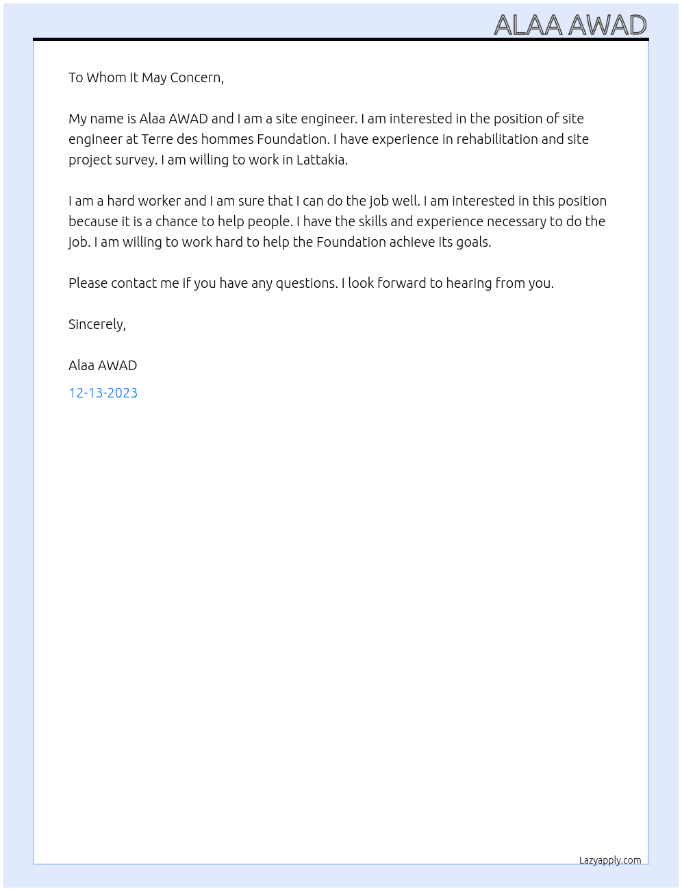 Site Engineer At Terre des hommes Foundation Cover Letter