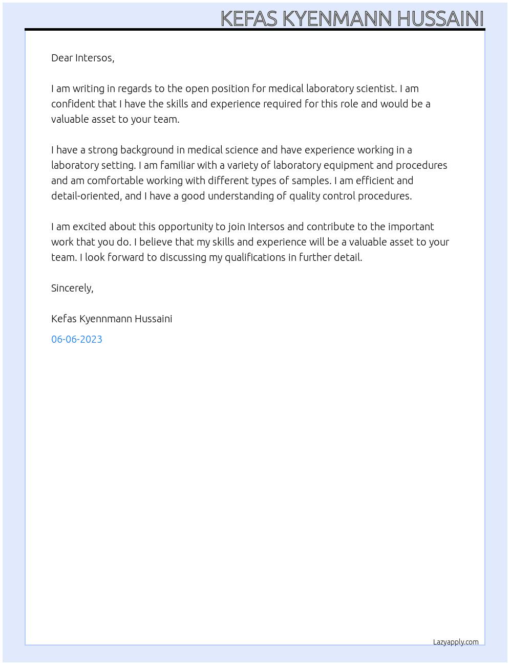 medical laboratory scientist At intersos Cover Letter