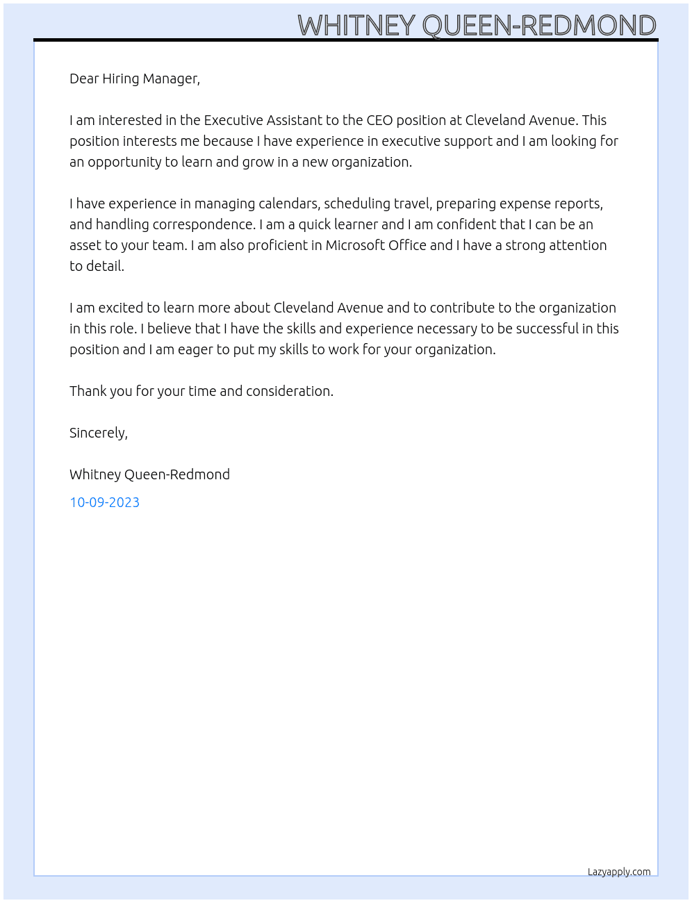 Executive Assistant to the CEO At Cleveland Avenue Cover Letter
