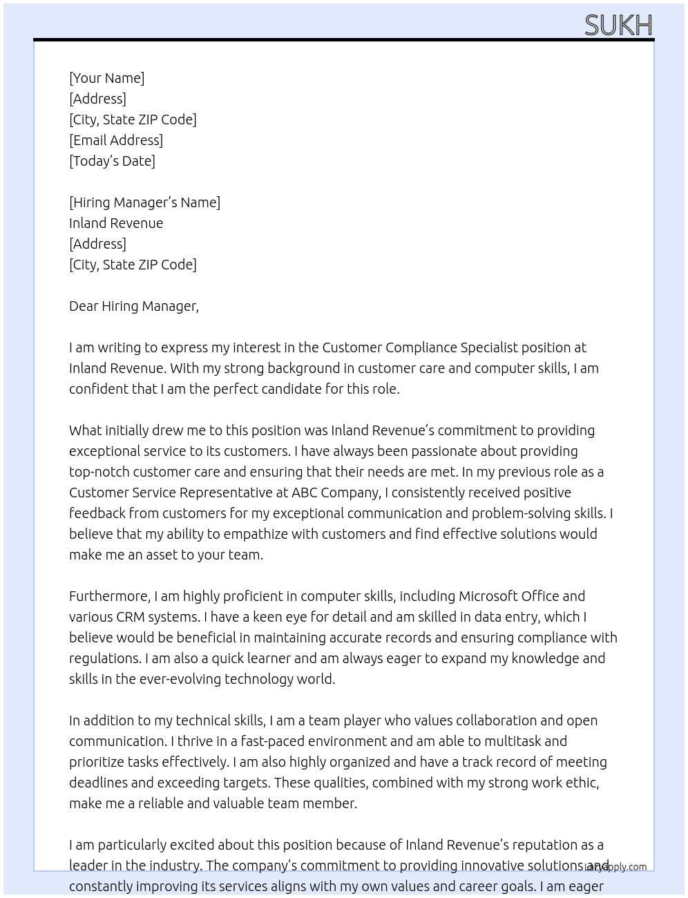 Customer Compliance Specialist At Inland Revenue Cover Letter