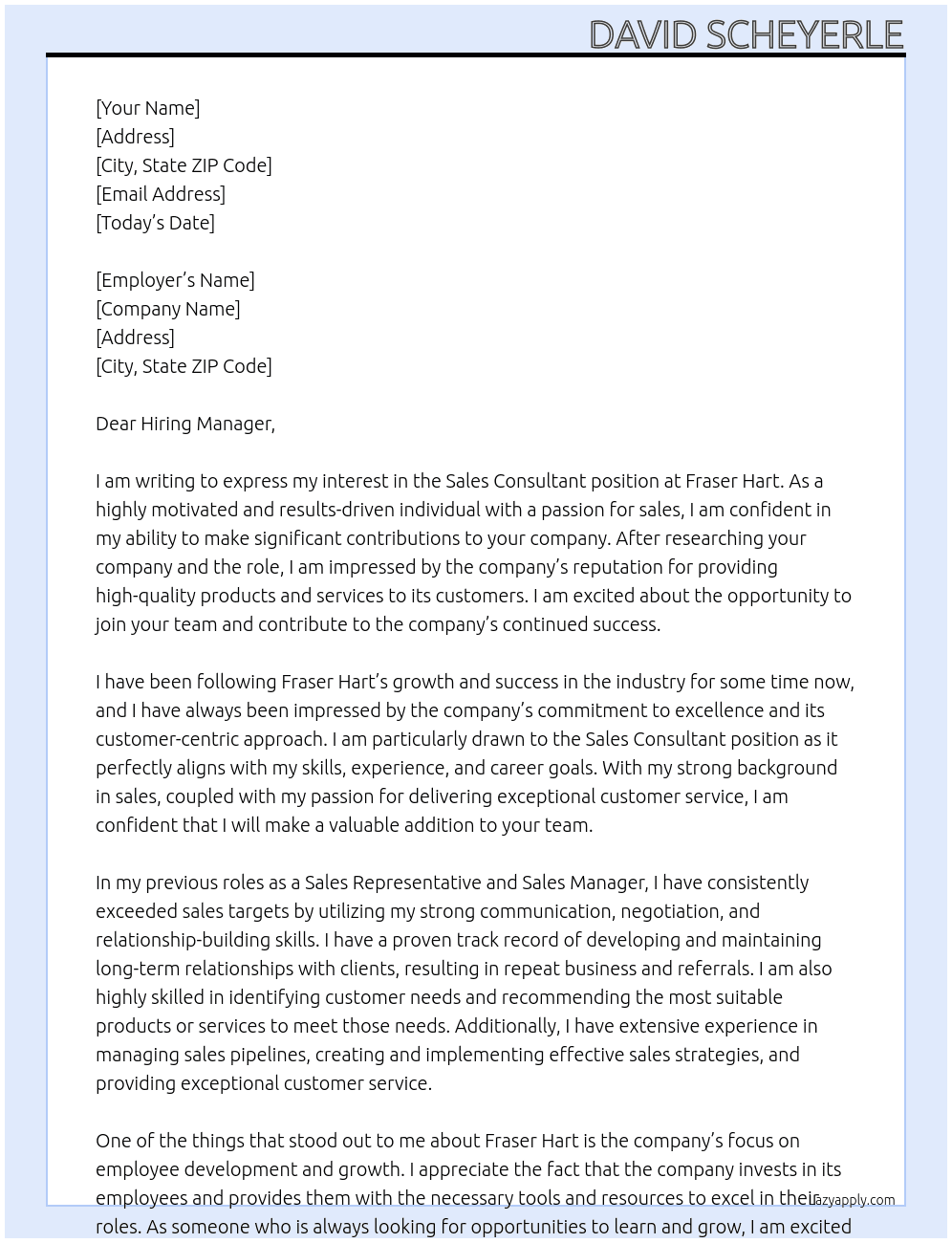 Sales consultant At Fraser hart Cover Letter