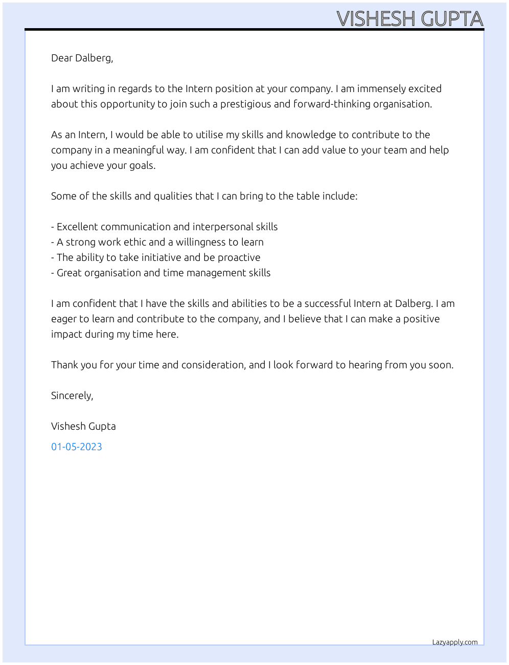 Intern At Dalberg Cover Letter