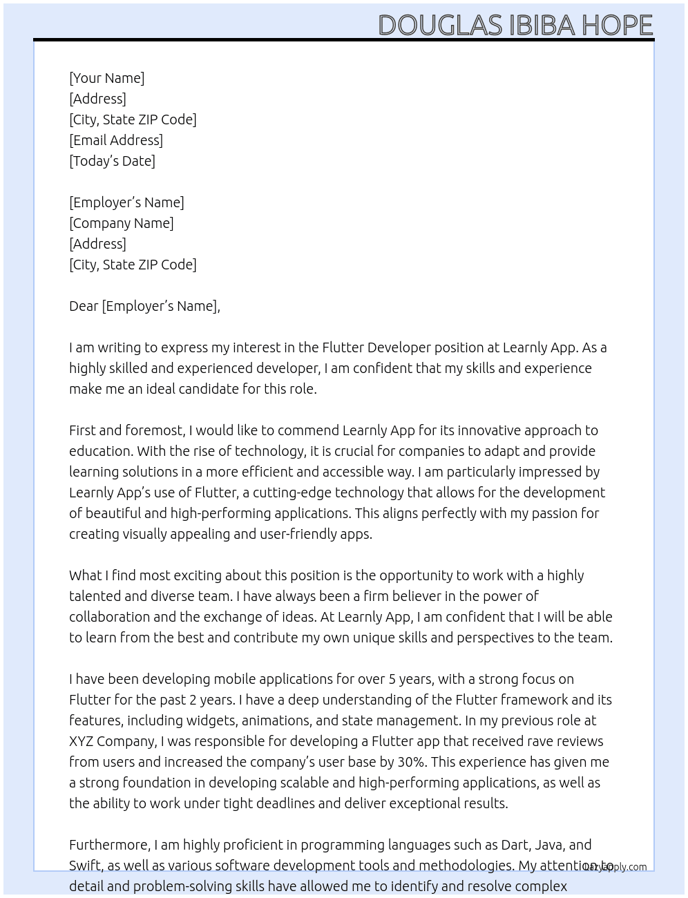 Flutter Developer At Learnly App Cover Letter