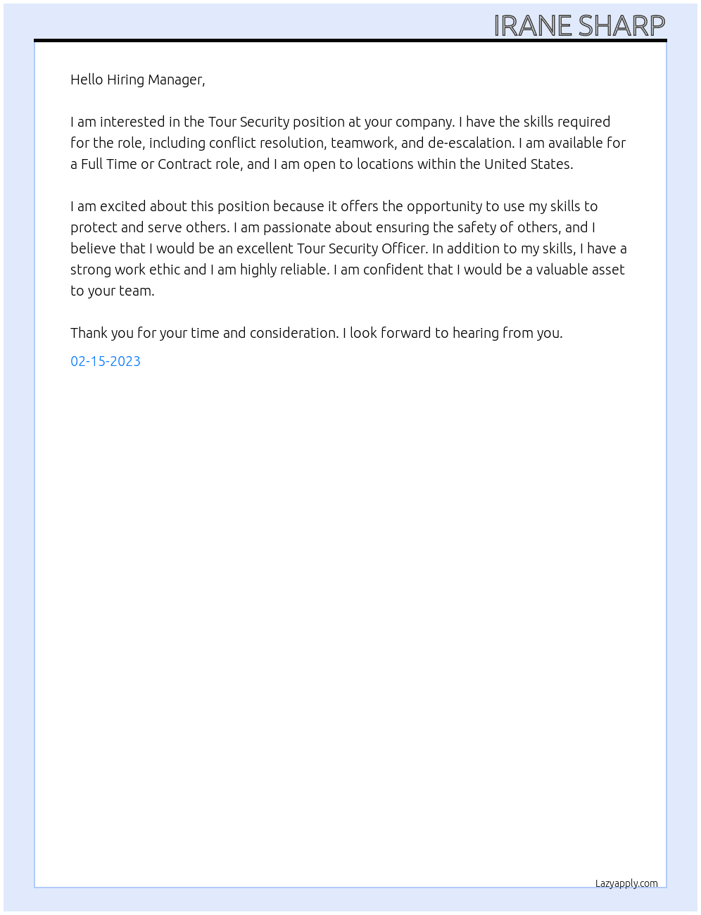 Cover letter for tour security - LazyApply