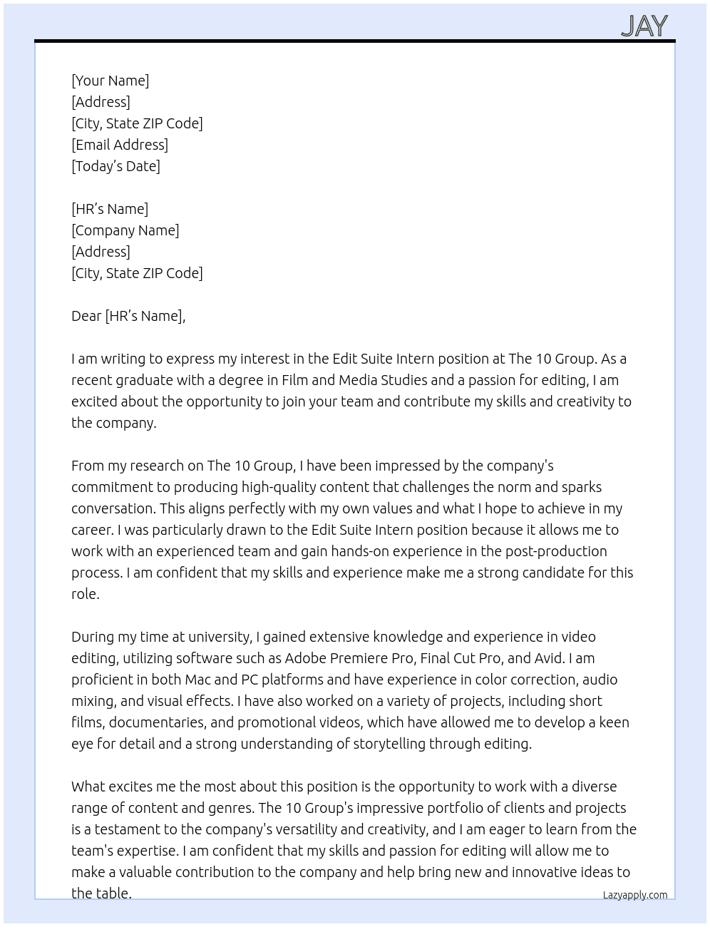 Edit suite intern At The 10 group Cover Letter