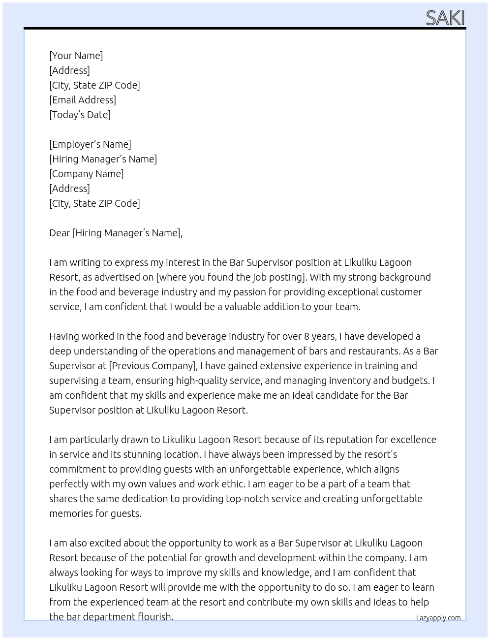 bar supervisor  At Likuliku Lagoon Resort Cover Letter