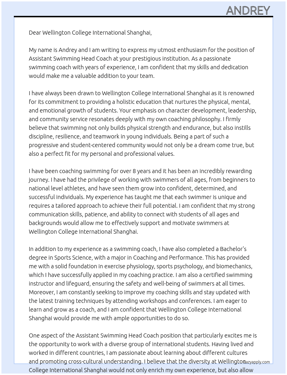 Assistant swimming head coach At Wellington College International Shanghai Cover Letter