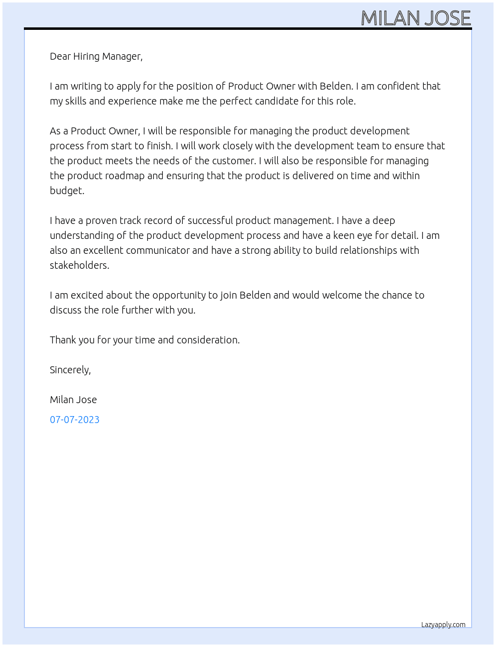 Product Owner At Belden  Cover Letter