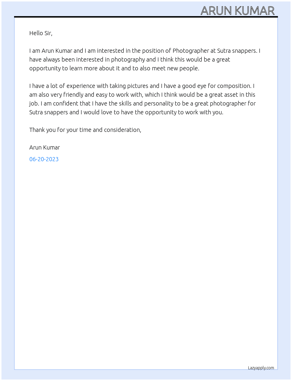 Photographer  At Sutra snappers  Cover Letter