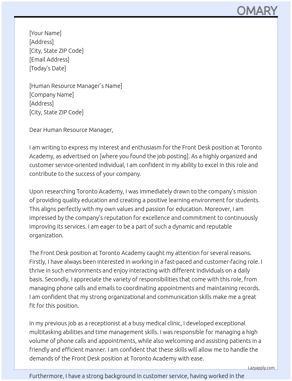 Front desk At Toronto Academy Cover Letter