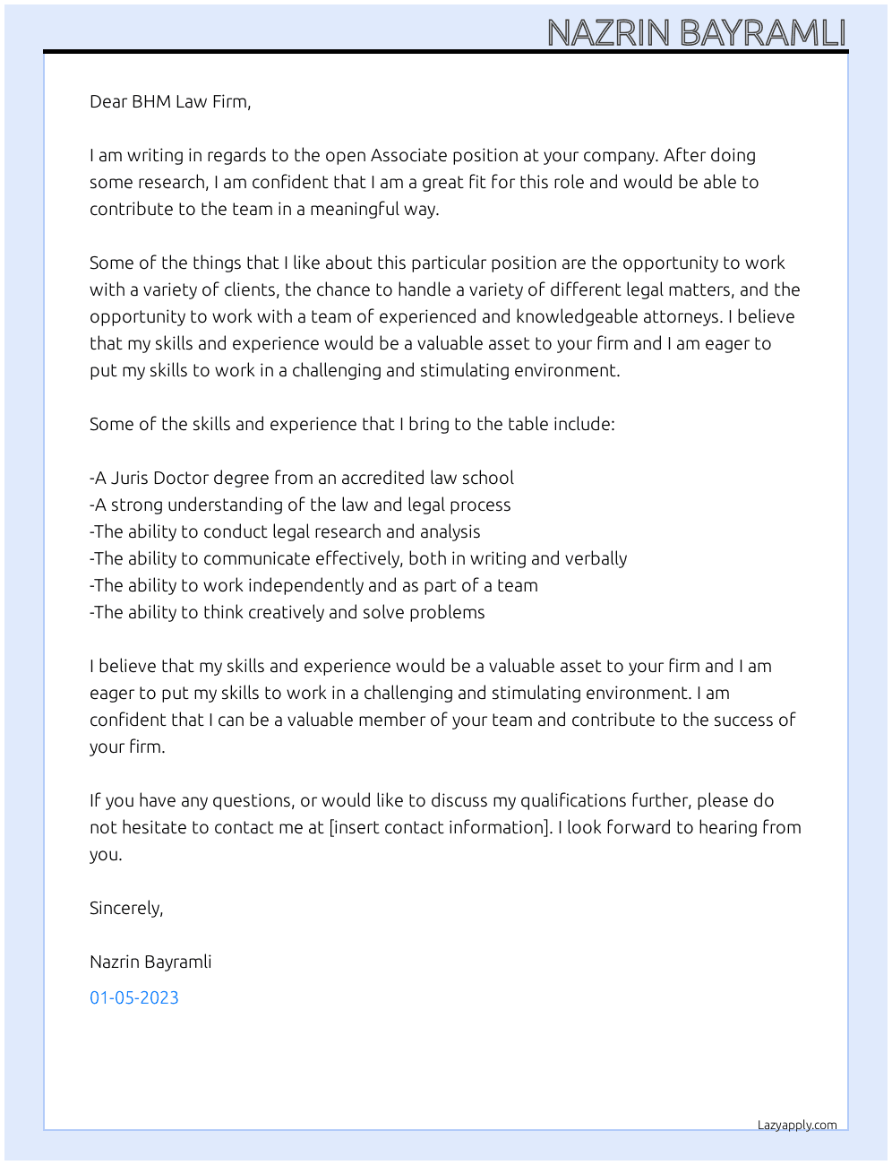 Associate At BHM Law Firm Cover Letter