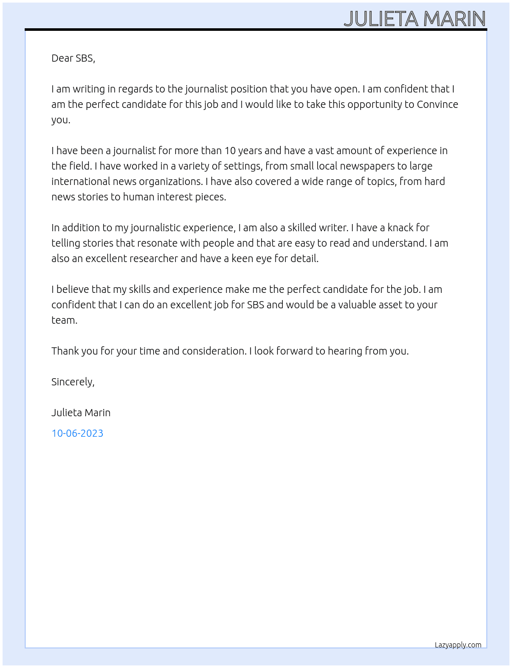 journalist At SBS Cover Letter