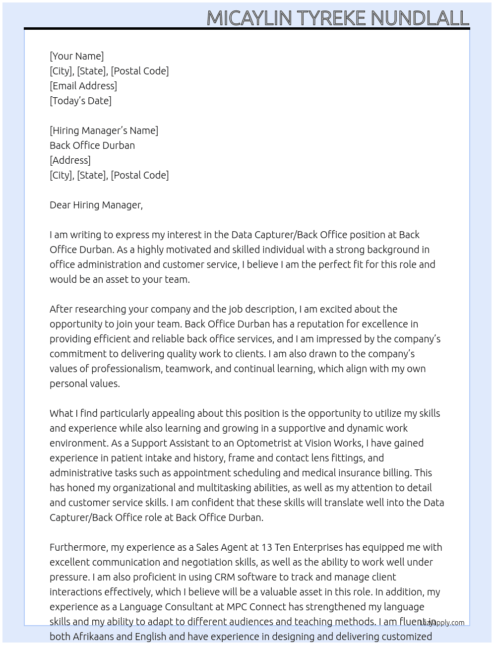 Data capturer / Back office  At Back Office Durban  Cover Letter