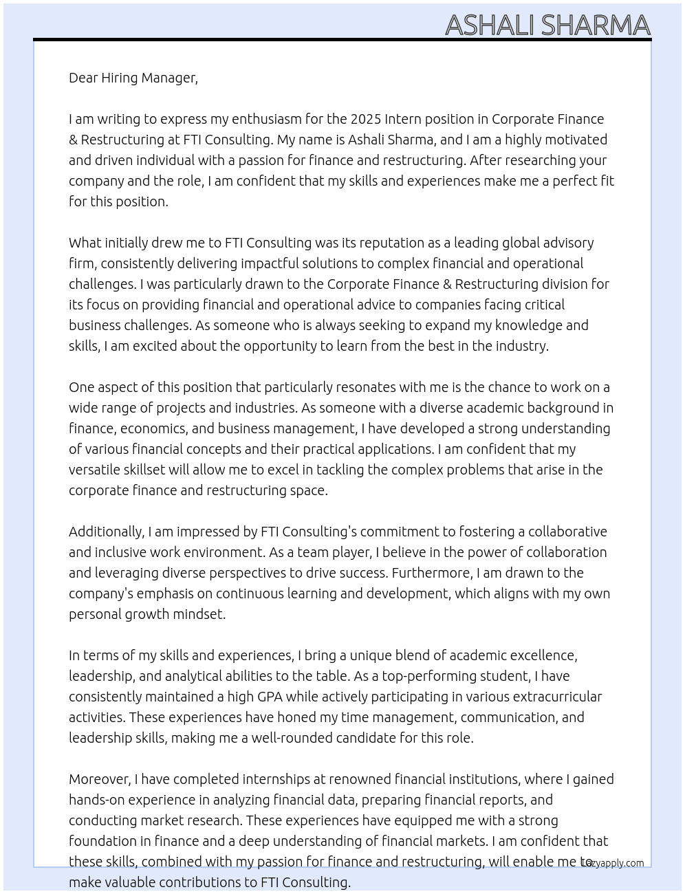 2025 Intern - Corporate Finance & Restructuring At FTI Consulting Cover Letter