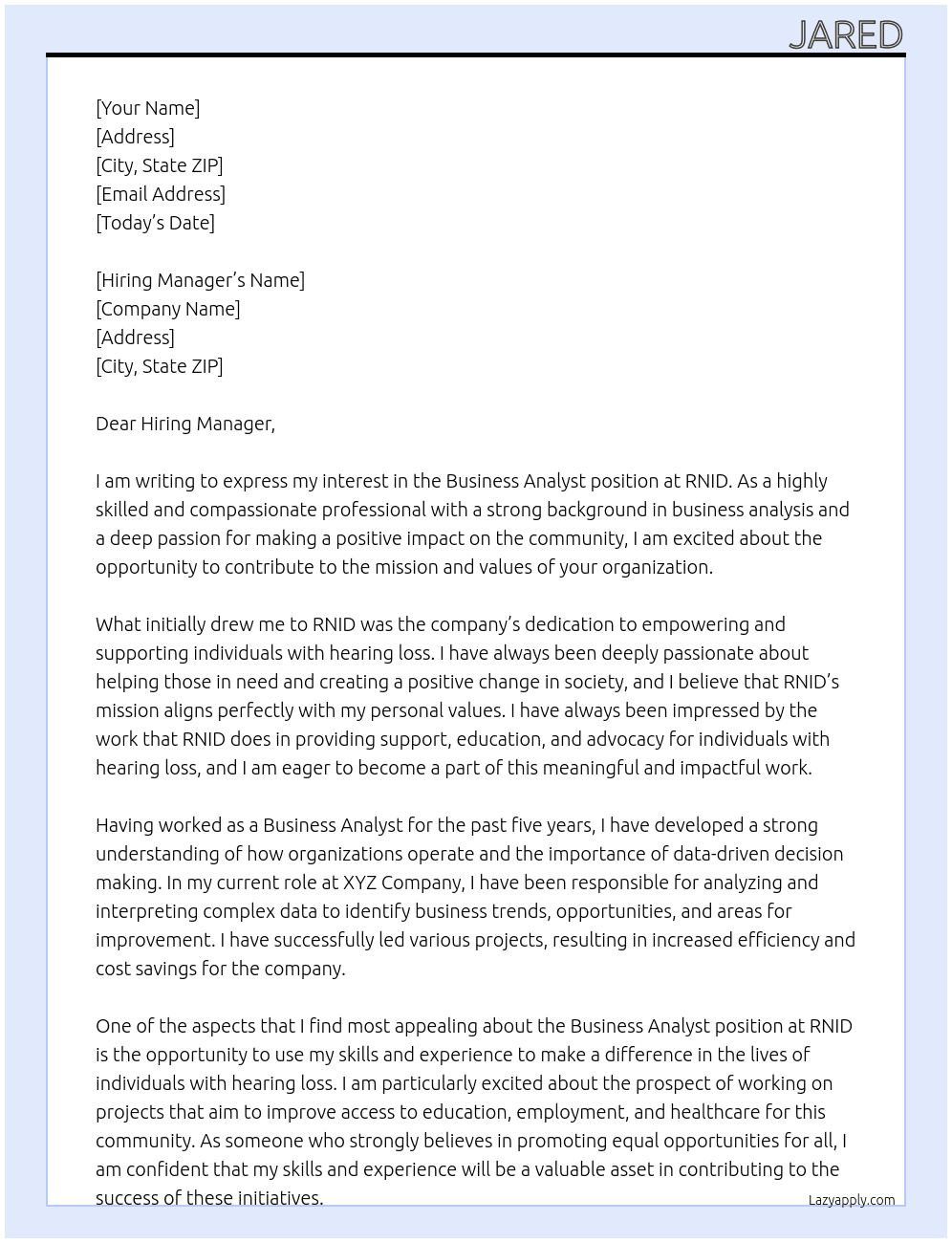 Business Analyst At RNID Cover Letter