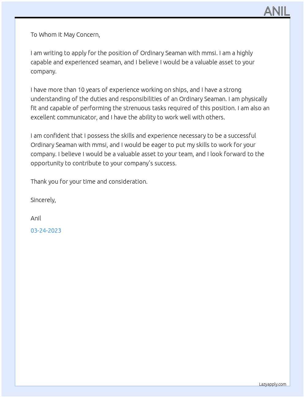 ordinary seaman  At mmsi Cover Letter