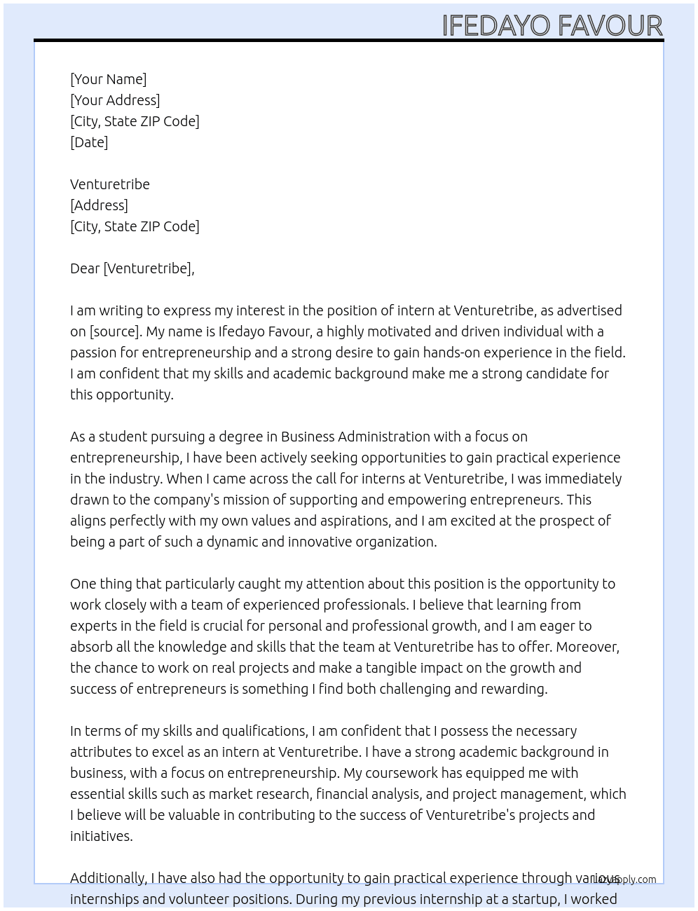 call for interns At Venturetribe Cover Letter