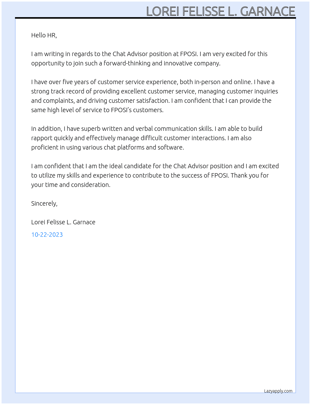 Chat Advisor At FPOSI Cover Letter