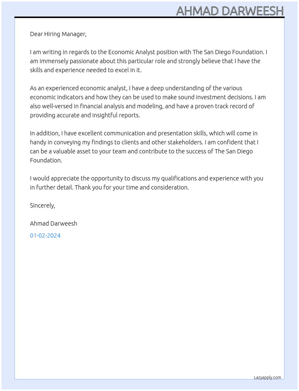 Economic Analyst At The San Diego Foundation Cover Letter