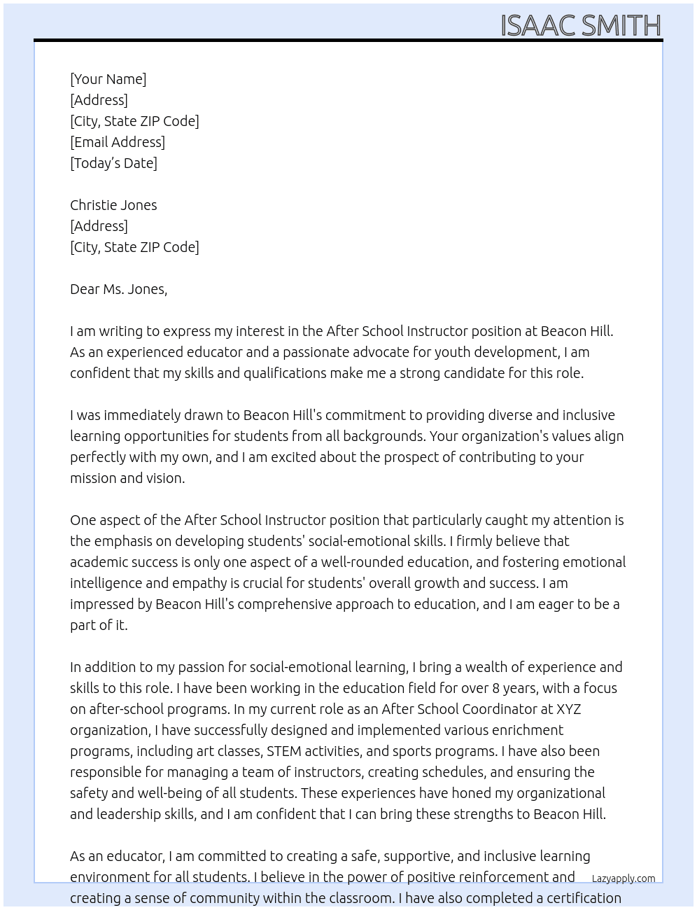 After School Instructor At Beacon Hill Cover Letter