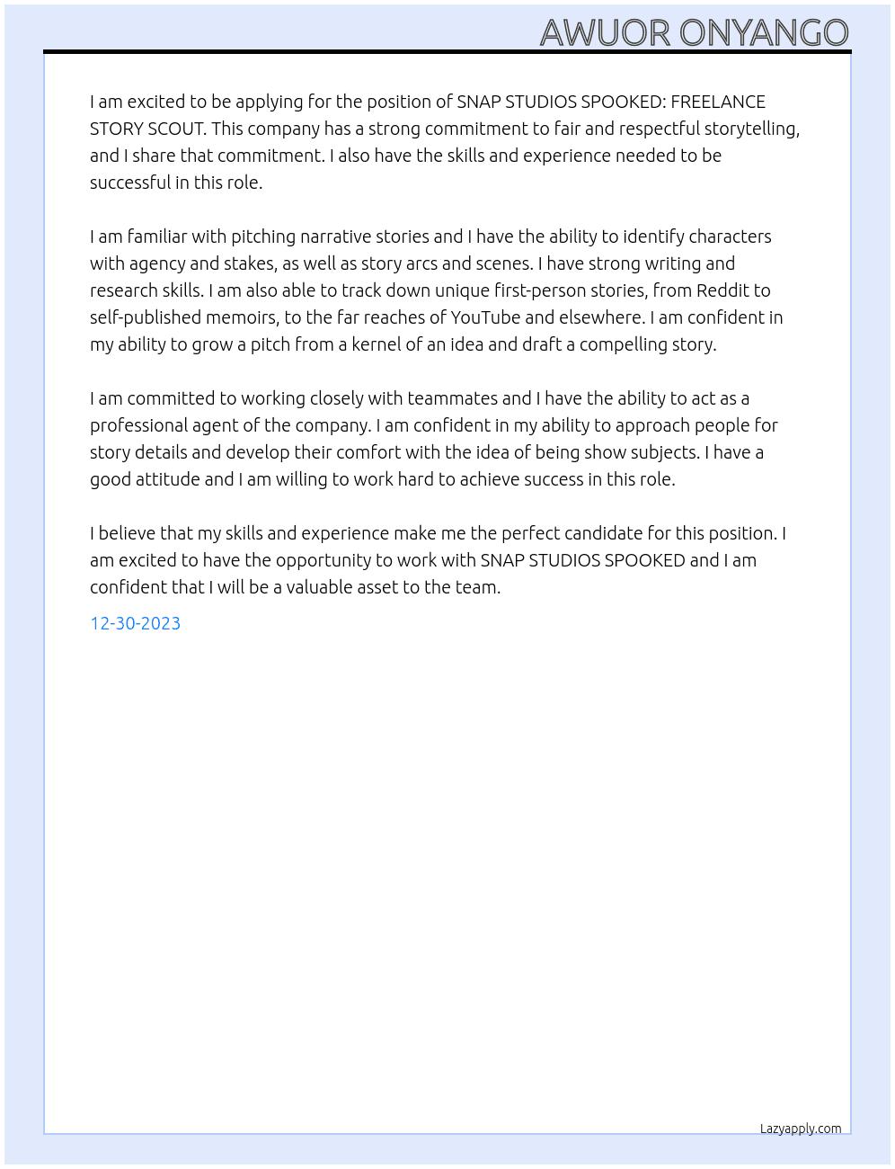 SNAP STUDIOS SPOOKED: FREELANCE STORY SCOUT At SNAP STUDIOS SPOOKED: FREELANCE STORY SCOUT Cover Letter
