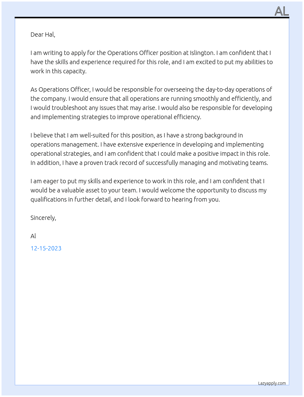 Operations Officer At Islington Cover Letter