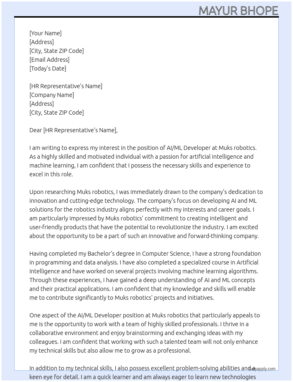 AI/ML Developer At Muks robotics Cover Letter