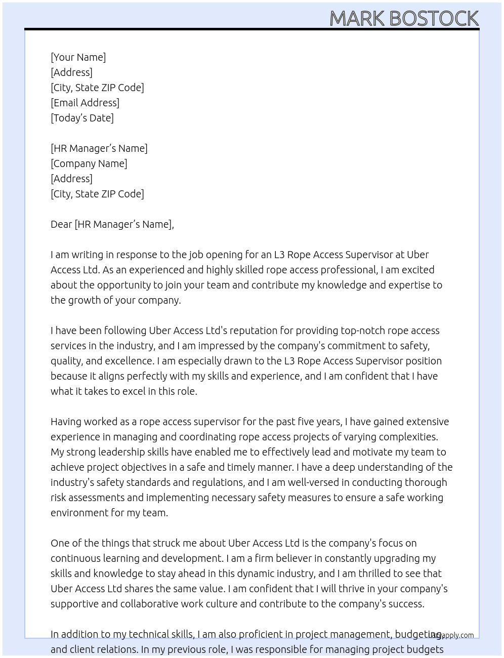 L3 Rope Access Supervisor At Uber Access Ltd Cover Letter