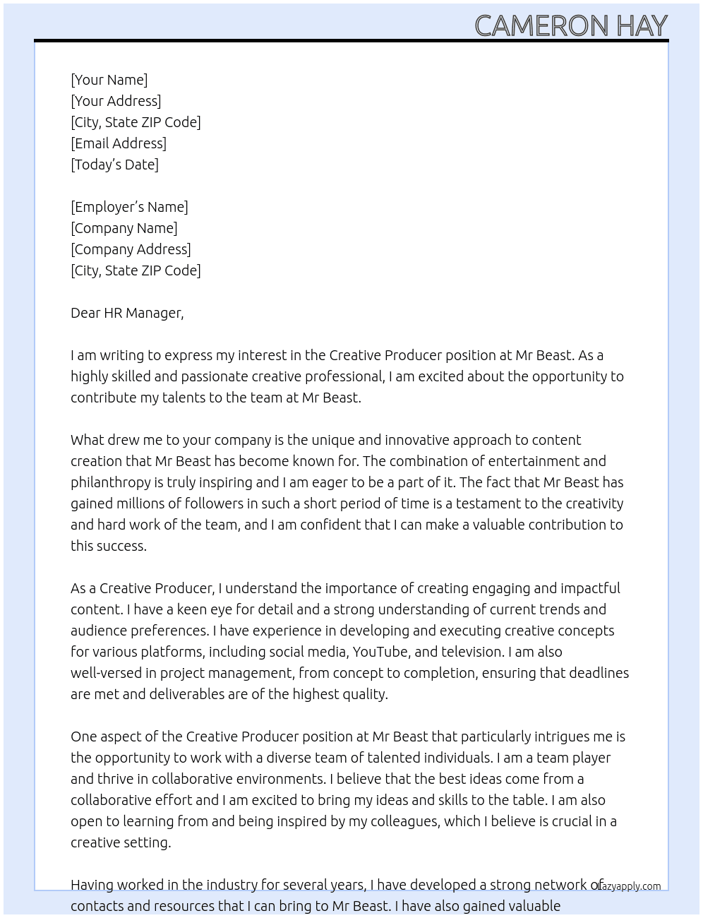 Creative Producer At Mr Beast Cover Letter