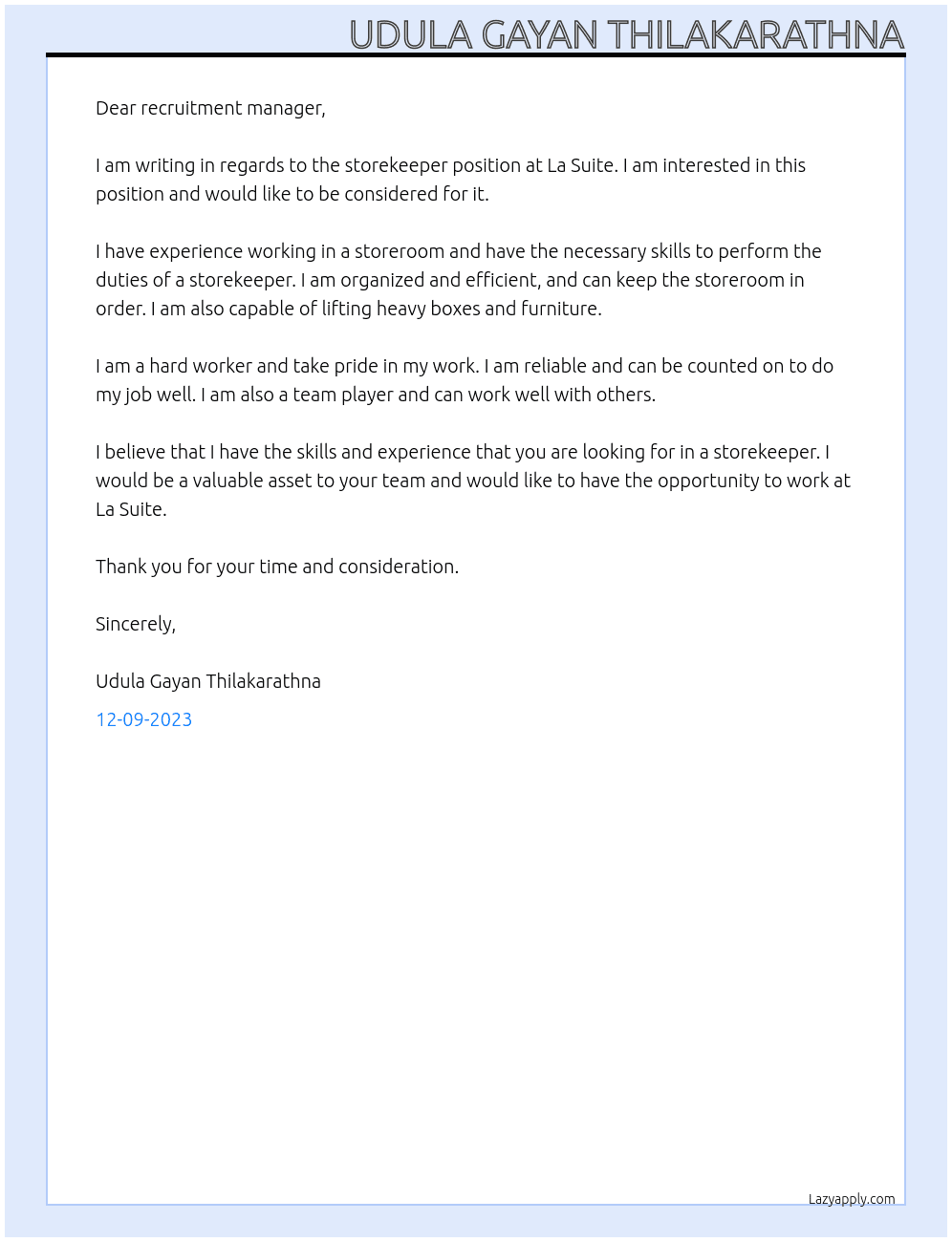 storekeeper At la suite Cover Letter