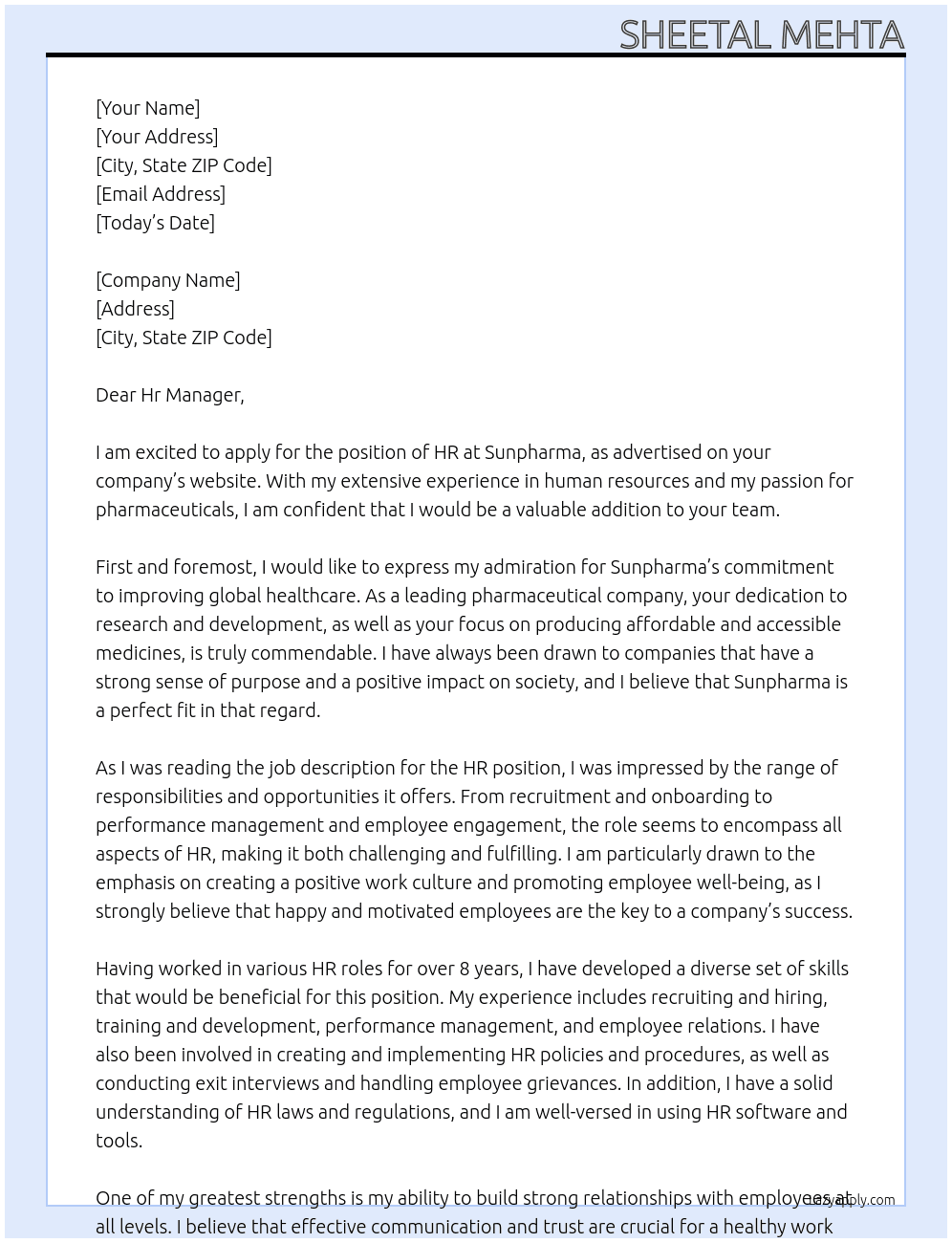 Hr At Sunpharma Cover Letter