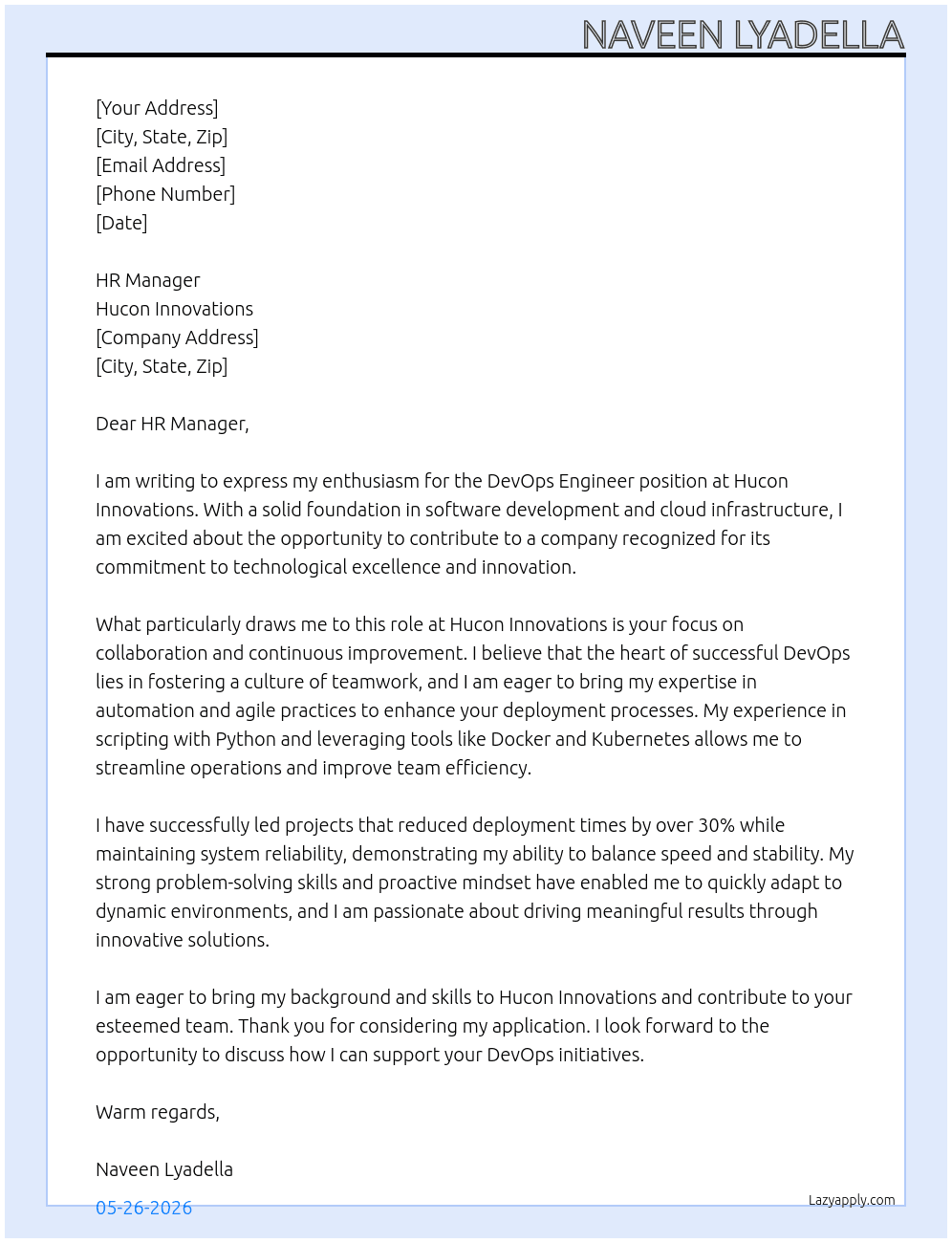 DevOps Engineer At Hucon Innovations Cover Letter