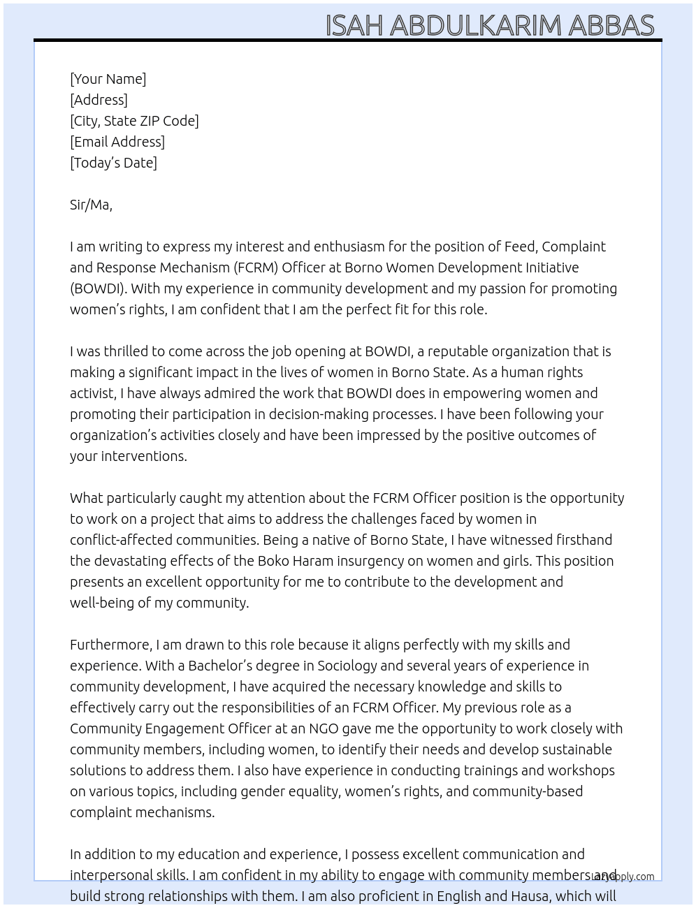 Feed, Complaint and Response Mechanism FCRM Officer At Borno Women Development Initiative BOWDI  Cover Letter