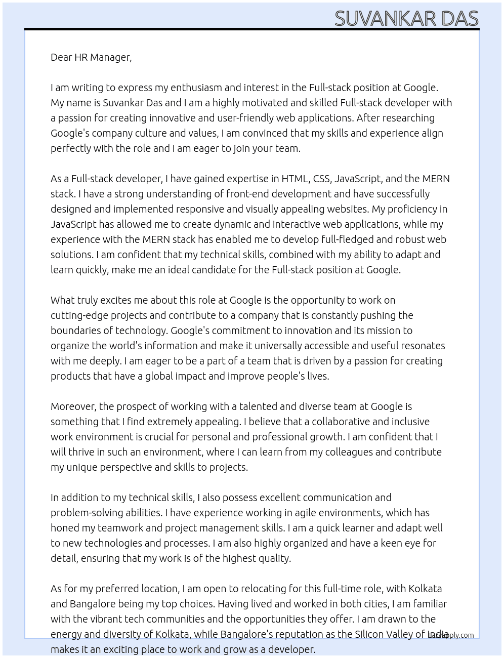 Full-stack At Google Cover Letter