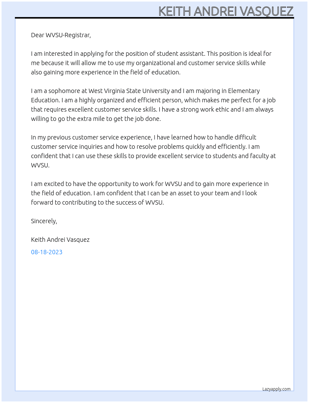 student assistant At wvsu-registrar Cover Letter