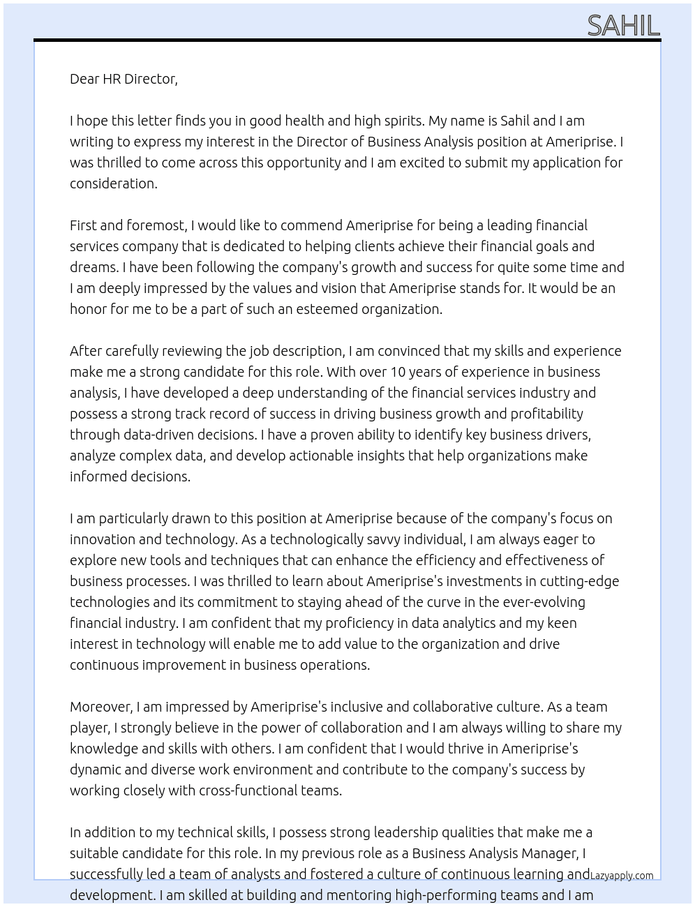 Director Business Analysis At Ameriprise Cover Letter