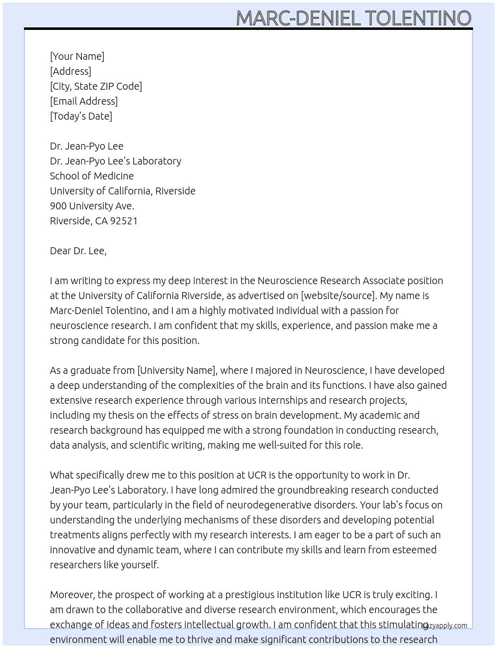 Neuroscience Research Associate  At UCR Cover Letter