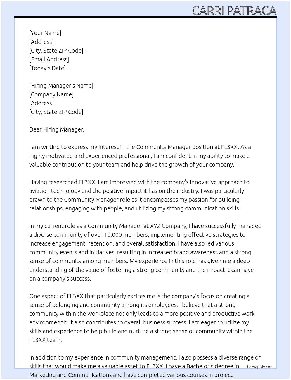 Community manager  At FL3XX Cover Letter