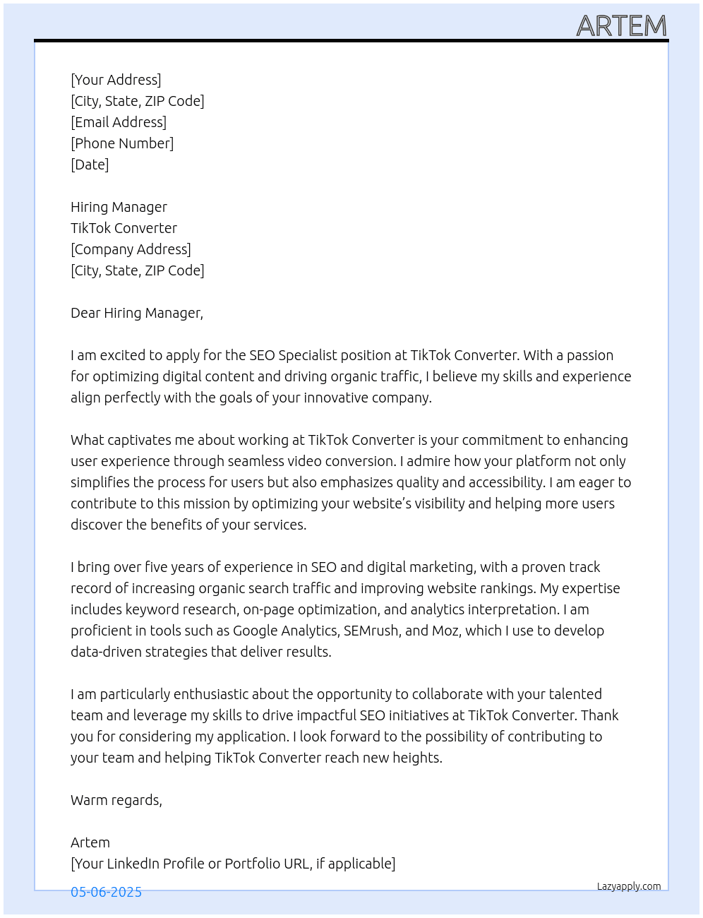 SEO specialist At tiktok converter Cover Letter