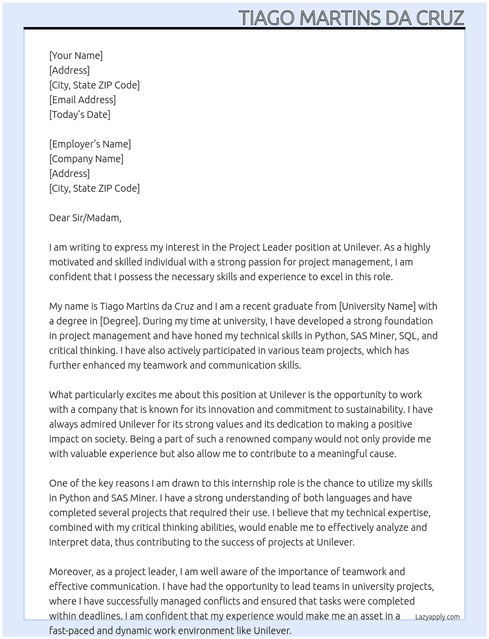 Project leader At Unilever Cover Letter
