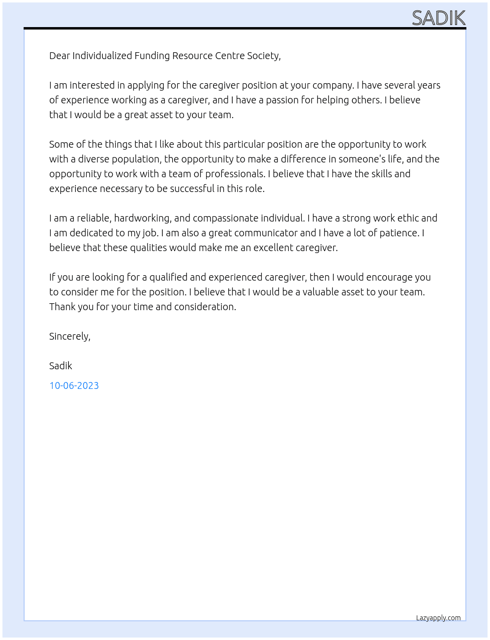 Caregiver At Individualized Funding Resource Centre Society Cover Letter