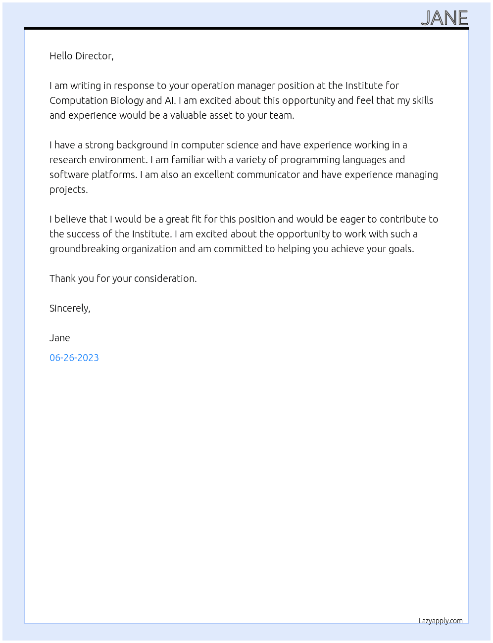 Operation Manager At Institute for Compuation Biology and AI Cover Letter