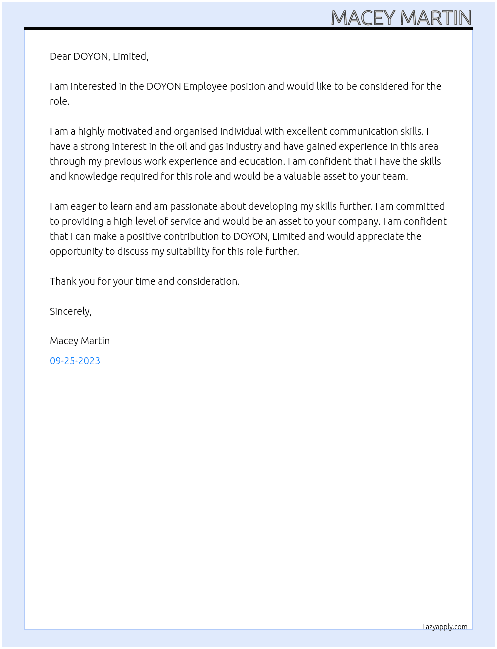 DOYON Employee At DOYON, Limited Cover Letter