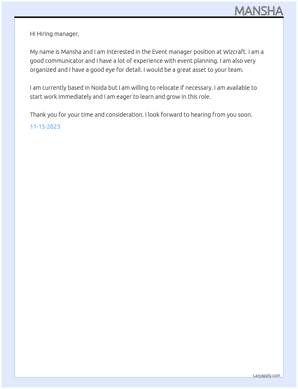 Event manager At Wizcraft Cover Letter