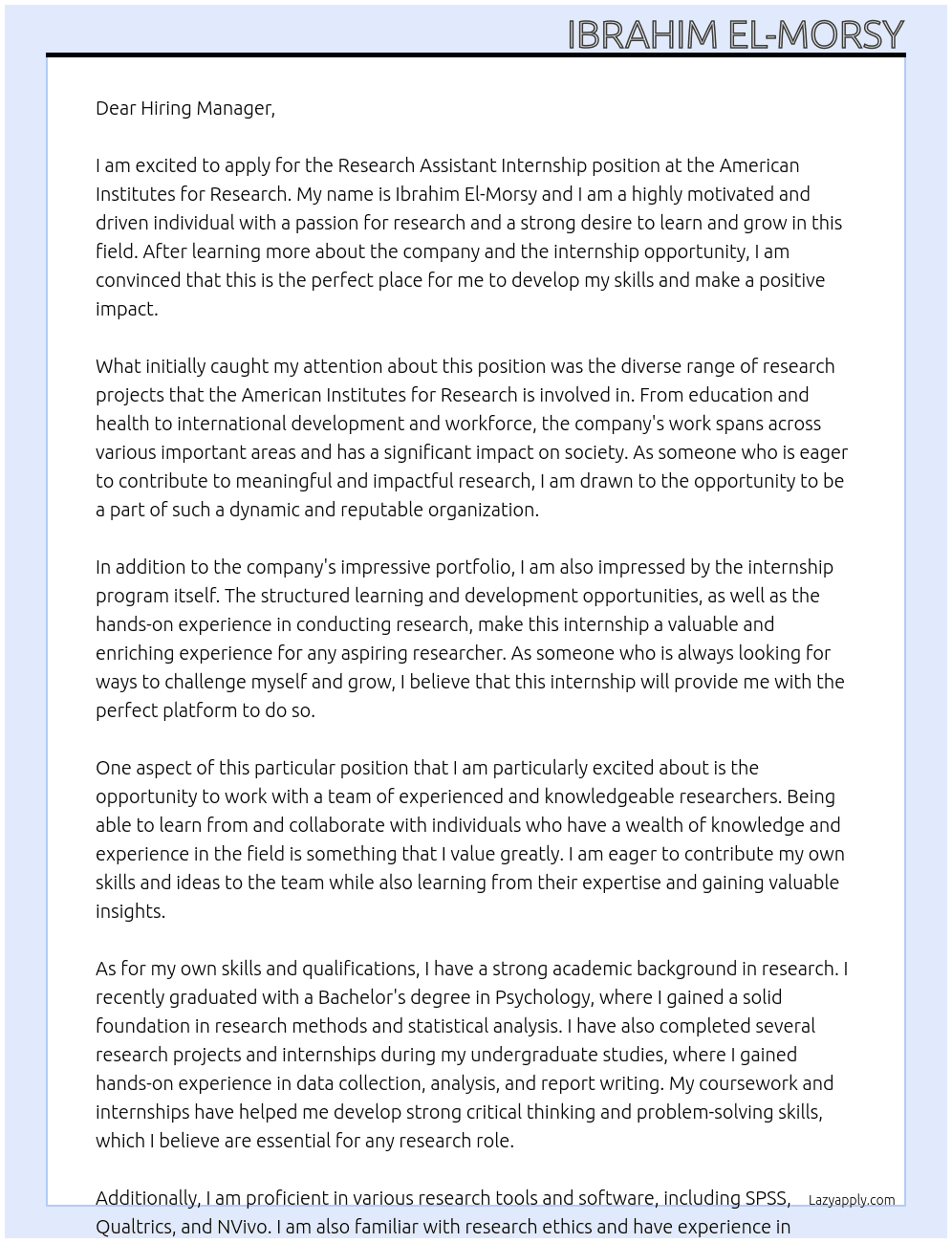 Research Assistant Internship At American Institutes for Research Cover Letter