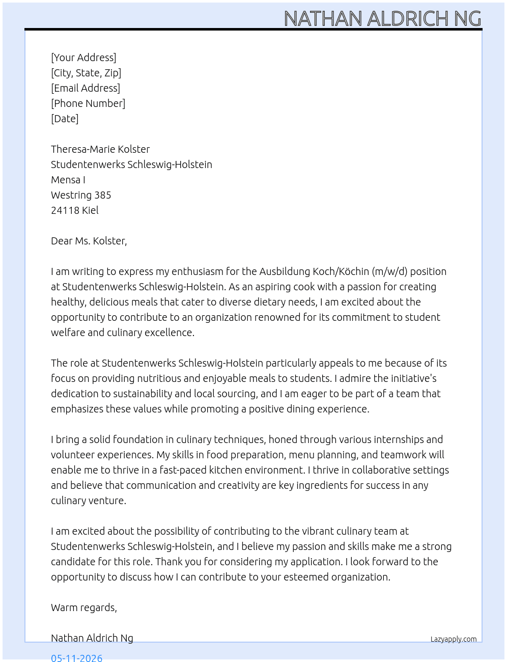 Ausbildung Koch/Köchin At Studentenwerks Schleswig-Holstein Cover Letter