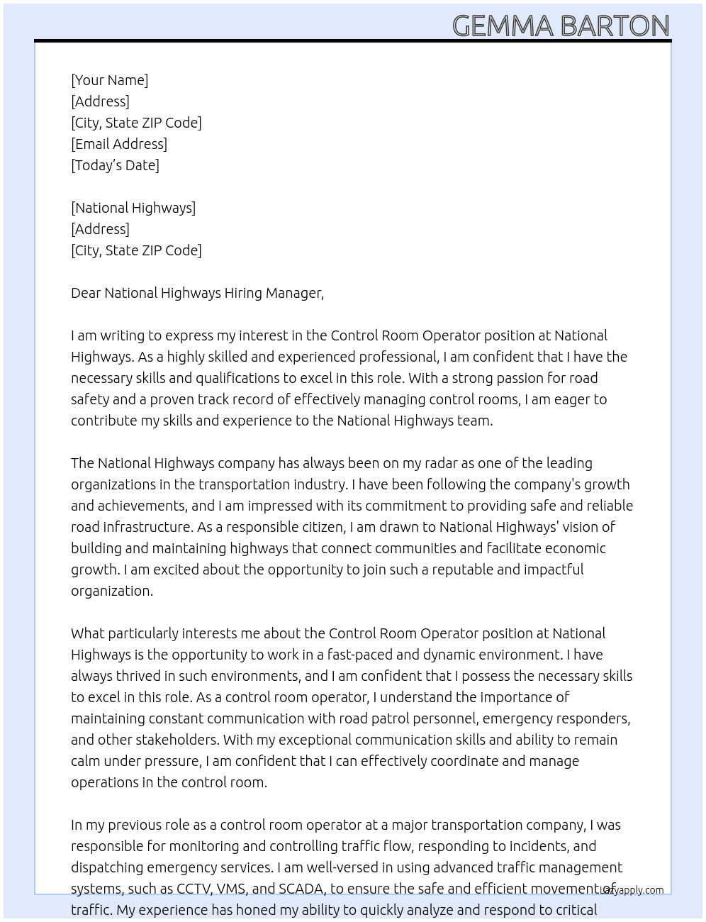 CONTROL ROOM OPERATOR At national highways Cover Letter