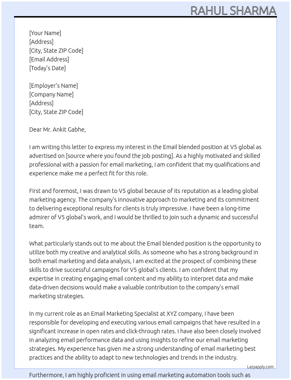 Email blended  At V5 global Cover Letter